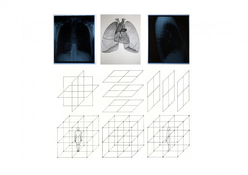 Analysing the human body in terms of the space around it and its inside.
X-rays of my thorax (front and profile) and drawing of my heart and my lungs in same scale.
Technical drawing representing my body in relation with an imaginary cube from which I am surrounded. 